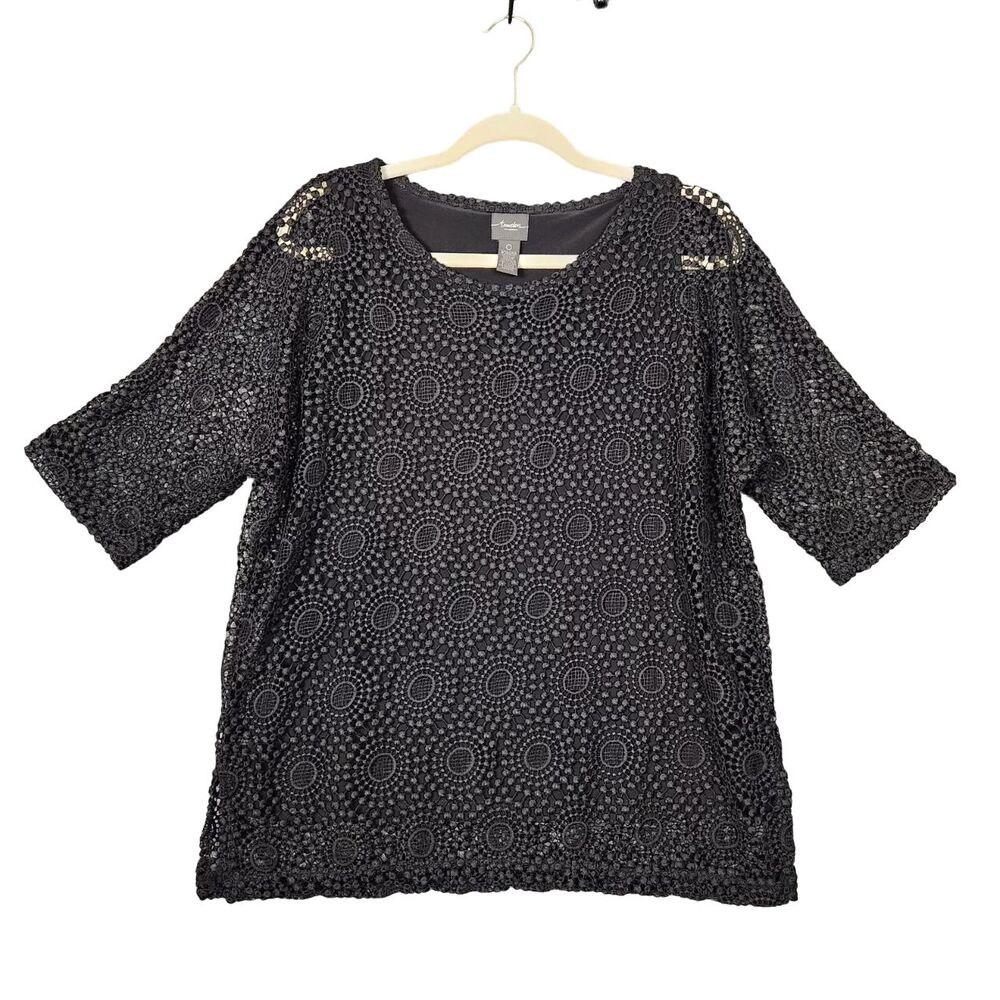 CHICOS Travelers Black Lace Overlay 1/2 Sleeve Side Slit Top SIZE 0 US SMALL 4 - Picture 2 of 10